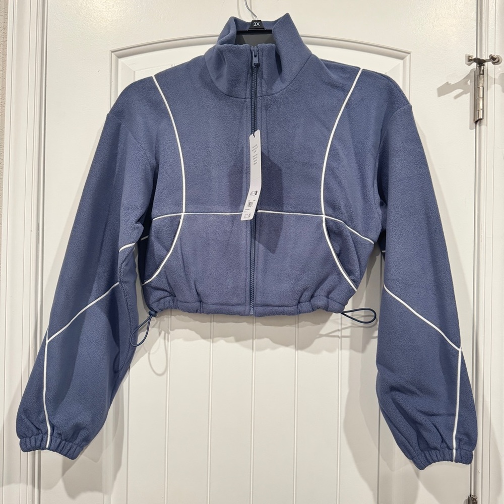 Alo Yoga Polar Fleece Game Time Cropped Zip-Up Jacket Bluestone/White Size M NWT
